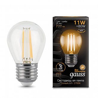 105802111 Лампа Gauss Filament Шар 11W 810lm 2700К Е27 LED 1/10/50
