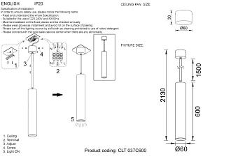 Светильник подвесной 6 см, 1*7W, 4000K, Crystal Lux CLT 037C600 BL-GO Черный+золотой