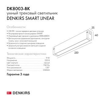 Светильник на шине 22 см, 9W, 3000-6000К Denkirs DK8003-BK черный