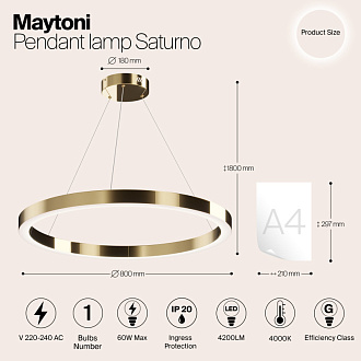 Светильник 80 см, 60W, 4000K Maytoni Saturno MOD415PL-L60BS4K, латунь