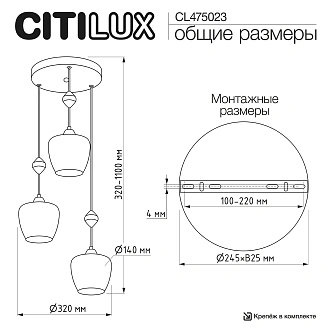 Подвесной светильник *32*32-110 см, 3*Е27*40W, 3000K, Citilux Nort CL475023, Бронза\Чёрный