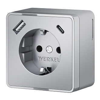 W5071706 Розетка с заземлением, шторками и USB тип A+C Gallant, серебряный Werkel, 4690389179624