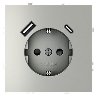 Розетка встраиваемая Voltum S70 с заземлением и защитными шторками, 16А, с USB, A+С, сталь пластик Soft touch VLS040505