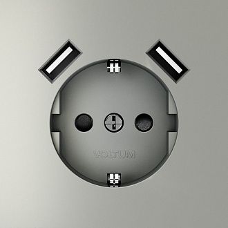 Розетка встраиваемая Voltum S70 с заземлением и защитными шторками, 16А, с USB, A+A, сталь пластик Soft touch VLS040405