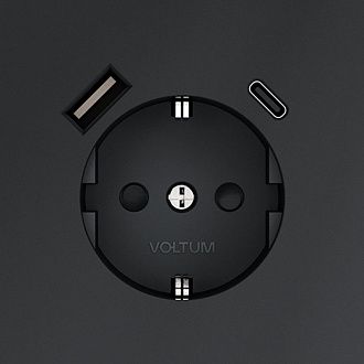 Розетка встраиваемая Voltum S70 с заземлением и защитными шторками, 16А, с USB, A+С, графит пластик Soft touch VLS040507