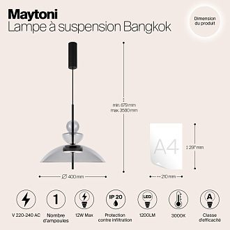 Подвесной светильник  40*67,9 см, LED 12W, 3000К, Черный Maytoni Bangkok MOD185PL-L11B3K3