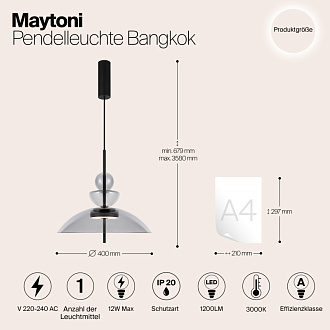 Подвесной светильник  40*67,9 см, LED 12W, 3000К, Черный Maytoni Bangkok MOD185PL-L11B3K3
