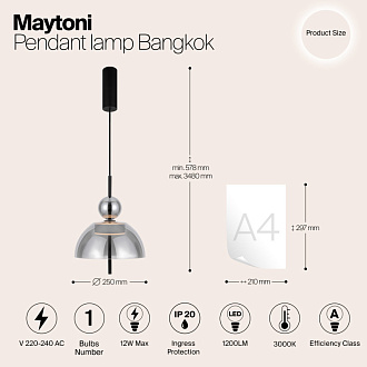 Подвесной светильник  25*57,8 см, LED 1 12W, 3000К, Черный Maytoni Bangkok MOD185PL-L6B3K4