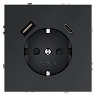 Розетка встраиваемая Voltum S70 с заземлением и защитными шторками, 16А, с USB, A+С, графит пластик Soft touch VLS040507
