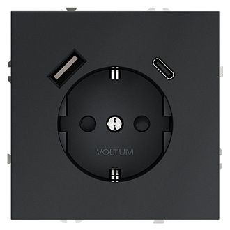 Розетка встраиваемая Voltum S70 с заземлением и защитными шторками, 16А, с USB, A+С, графит пластик Soft touch VLS040507