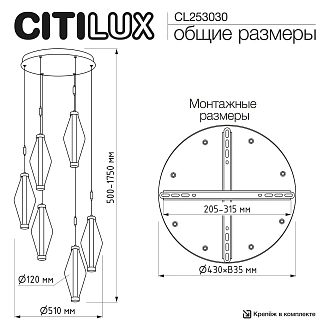 Подвесной светильник *51*50-175 см, *LED*29W, 3000K, Citilux Tanna CL253030, Латунь\Чёрный