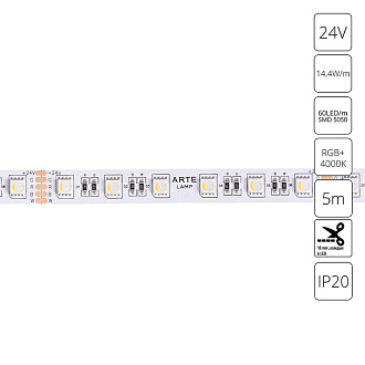 Светодиодная Лента 24V, 14,4W, RGB, 4000К, IP20, Arte Lamp Tape A2406012-01-RGB4K, Белый, цена за катушку 5 метров