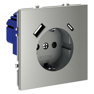 Розетка встраиваемая Voltum S70 с заземлением и защитными шторками, 16А, с USB, A+С, сталь пластик Soft touch VLS040505