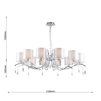 Подвесная люстра Favourite Low 2866-12P, D1100*H320/1320, хром, плафоны из светло-серой ткани, декоративный элемент в виде подвесок с хрусталем