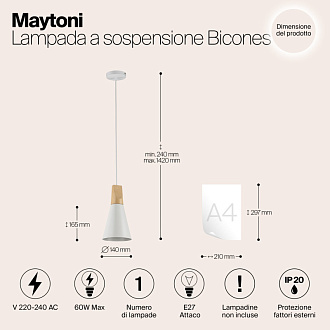 Подвесной светильник Maytoni Bicones P359-PL-140-W, диаметр 14см, белый, светлое дерево