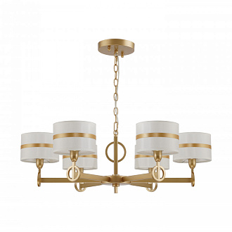 Подвесная люстра Favourite Mateo 2634-6P, D800*H265/1315, каркас золотого цвета, абажуры из белой ткани с золотистыми лентами, люстру можно монтировать как плафонами вверх, так и плафонами вниз