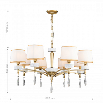 Подвесная люстра Favourite Mirra 2706-8P, D860*H550/1550, каркас светло-золотого и перламутрово-белого цвета, абажуры из белой ткани с золотой тесьмой, декоративные элементы выполнены из прозрачного хрусталя