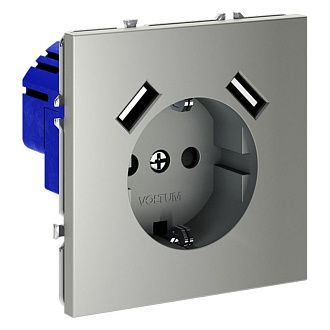 Розетка встраиваемая Voltum S70 с заземлением и защитными шторками, 16А, с USB, A+A, сталь пластик Soft touch VLS040405