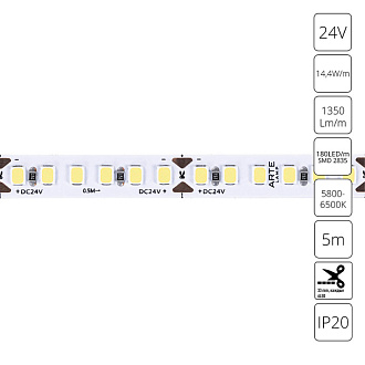 Светодиодная Лента  24V, 14,4W, 6750Lm, 6000К, IP20, Arte Lamp Tape A2418008-03-6K, Белый, цена за катушку 5 метров