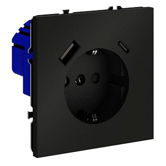 Розетка встраиваемая Voltum S70 с заземлением и защитными шторками, 16А, с USB, A+С, черный матовый пластик Soft touch VLS040508