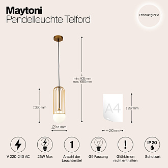Подвесной светильник Maytoni Telford P361PL-01G, золото, диаметр 12 см