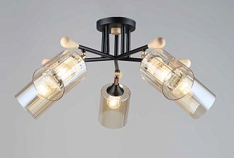 Люстра Ø615 x H300, мм, 5*40W (200W), BK+WOOD(Чёрный+Дерево) Rilon 5068/5 BK+WOOD