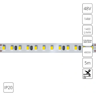 A4812010-06-4K Светодиодная лента 48В 14Вт/м 1400Лм/м 4000К 90+ 10мм SMD2835 120шт/м 5м IP20 Arte Lamp Tape