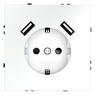 Розетка встраиваемая Voltum S70 с заземлением и защитными шторками, 16А, с USB, A+A, белый матовый пластик Soft touch VLS040402