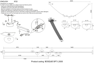 Светильник подвесной 304*8*9,5 см, LED 7*5W 3000K Crystal Lux BOSQUE SP7 L3000 GREY/TRANSPARENT серый