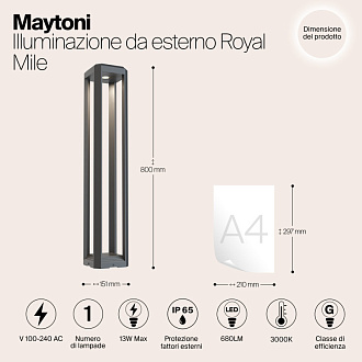 Ландшафтный светодиодный светильник 80 см Maytoni Royal Mile O019FL-L12GR3K, 13W LED, 3000K, серый