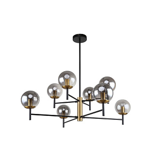 Люстра F-Promo Sheeny 3088-8P, D890*H410/710, каркас черного цвета, плафоны из стекла дымчатого серого цвета, декоративный элемент из металла цвета латуни