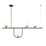 Подвесная люстра F-Promo Pouli 4109-4P, L1200*W280*H1000, каркас матового черного цвета с золотыми декоративными элементами, поворотные плафоны из выдувного стекла белого цвета, часть каркаса фиксируется трос