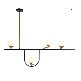 Подвесная люстра F-Promo Pouli 4109-4P, L1200*W280*H1000, каркас матового черного цвета с золотыми декоративными элементами, поворотные плафоны из выдувного стекла белого цвета, часть каркаса фиксируется трос