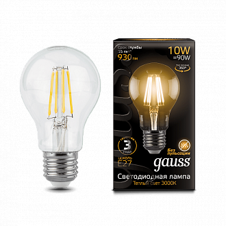 102802110-S Лампа Gauss Filament А60 10W 930lm 2700К Е27 шаг. диммирование LED 1/10/40