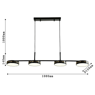 Подвесная люстра F-Promo Disco 4042-4P, L1000*W150*H140/1140, каркас матового черного цвета, рассеиватели из белого акрила, декоративные линии цвета золота