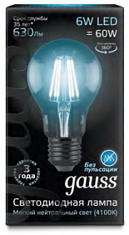 102802206 Лампа Gauss Filament А60 6W 630lm 4100К Е27 LED 1/10/40