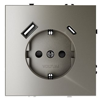 Розетка встраиваемая Voltum S70 с заземлением и защитными шторками, 16А, с USB, A+С, шелк пластик Soft touch VLS040504