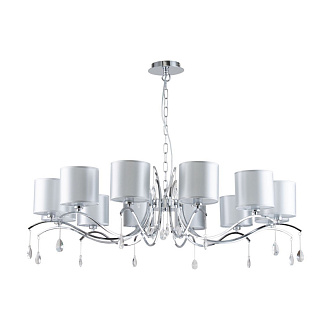 Подвесная люстра Favourite Low 2866-12P, D1100*H320/1320, хром, плафоны из светло-серой ткани, декоративный элемент в виде подвесок с хрусталем