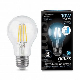 102802210-S Лампа Gauss Filament А60 10W 970lm 4100К Е27 шаг. диммирование LED 1/10/40