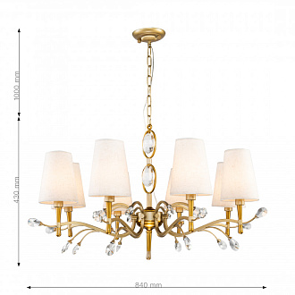 Подвесная люстра Favourite Luca 2703-8P, D840*H430/1430, латунь и бежевого золота, абажуры из ткани типа рогожка натурального цвета, декоративные элементы из прозрачного хрусталя