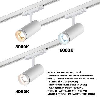 Светильник трехфазный  8*18*24- см, *LED*40W, 3000/4000/5700K, Novotech Nail 359585, белый, трековый с переключателем цветовой температуры и мощности