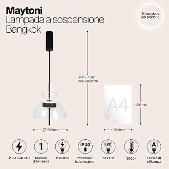 Подвесной светильник  25*57,8 см, LED 1 12W, 3000К, Черный Maytoni Bangkok MOD185PL-L6B3K2