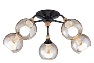 Люстра Ø610 x H215, мм, 5*40W (200W), BK+WOOD(Чёрный+Дерево) Rilon 5062/5 BK+WOOD