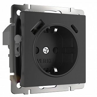 W1171708 Розетка с заземлением, шторками и USB тип A+C, черный Werkel, 4690389176449