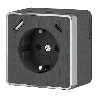 W5071704 Розетка с заземлением, шторками и USB тип A+C Gallant, графит рифленый Werkel, 4690389179617