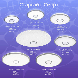 Светильник 52 см, 65W, 3000-5500K, 5200Lm, 21 м2 Citilux Старлайт CL703A61G, матовый хром, Алиса, пульт, плафон белый матовый