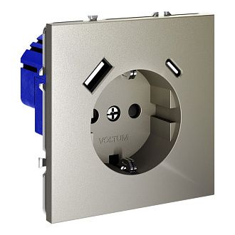 Розетка встраиваемая Voltum S70 с заземлением и защитными шторками, 16А, с USB, A+С, шелк пластик Soft touch VLS040504