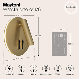 Настенное бра Maytoni Ios 176 C176-WL-01-6W-MG, 9W LED, 3000K, матовое золото