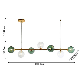 Подвесная люстра F-Promo Infilato 4035-7P, L1200*W300*H300/1300, светлого золота, стеклянные плафоны прозрачного и зеленого цвета, лампу G9 можно менять