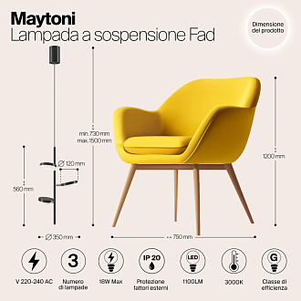 Светодиодный светильник 35 см, 18W, 3000K, Maytoni Fad MOD070PL-L18B3K, черный-хром